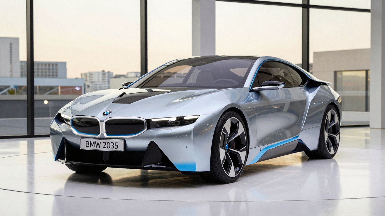 BMW 2035 prata brilhante, carro desportivo elétrico futurista, com jantes aerodinâmicas e vidros escurecidos em exposição.
