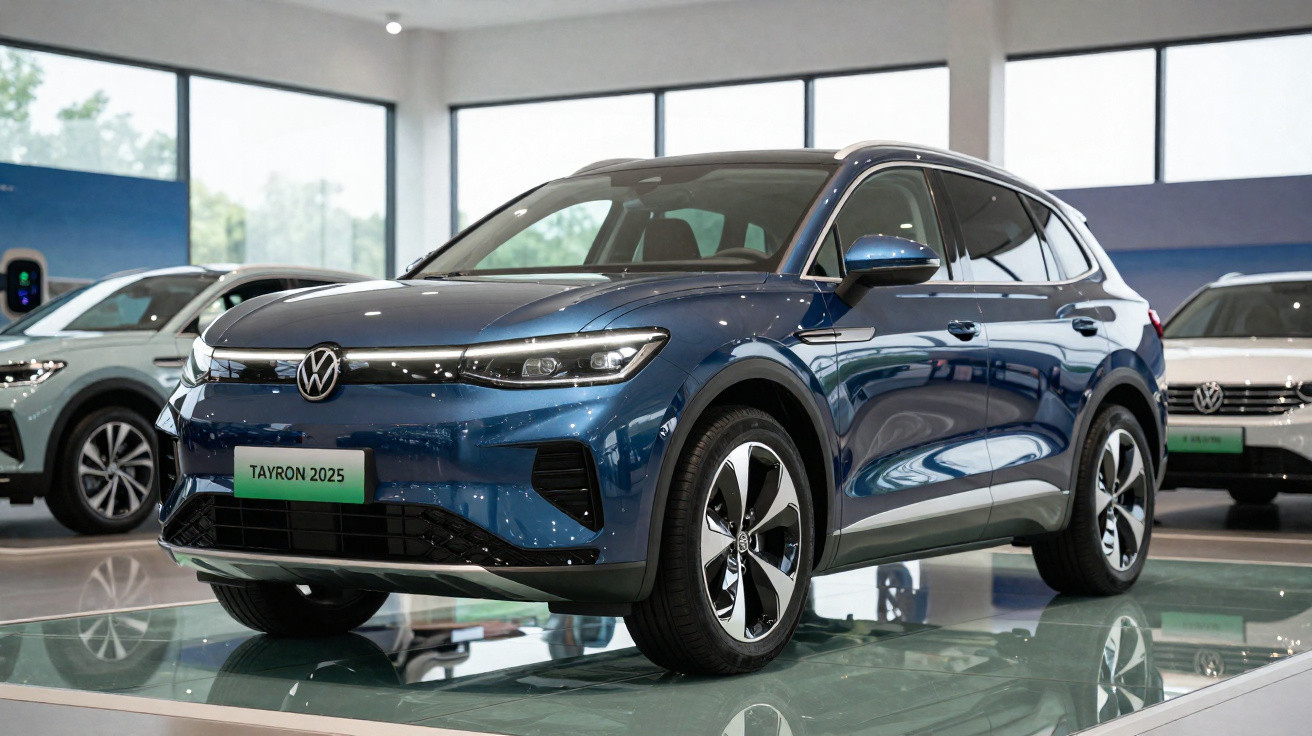 Viatura SUV Volkswagen Tayron eléctrica azul exposta em showroom moderno.