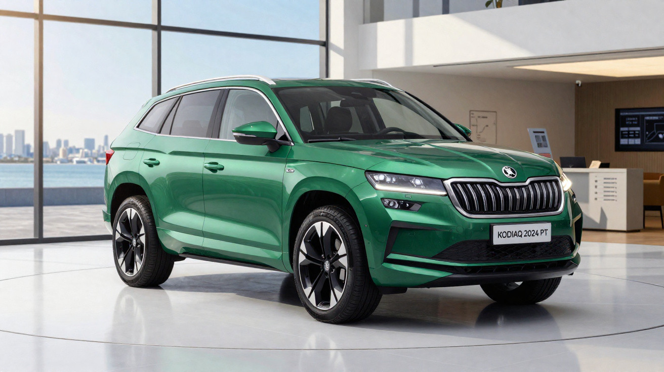Automóvel SUV Skoda Kodiaq 2024 verde num espaço interior moderno com janela panorâmica.