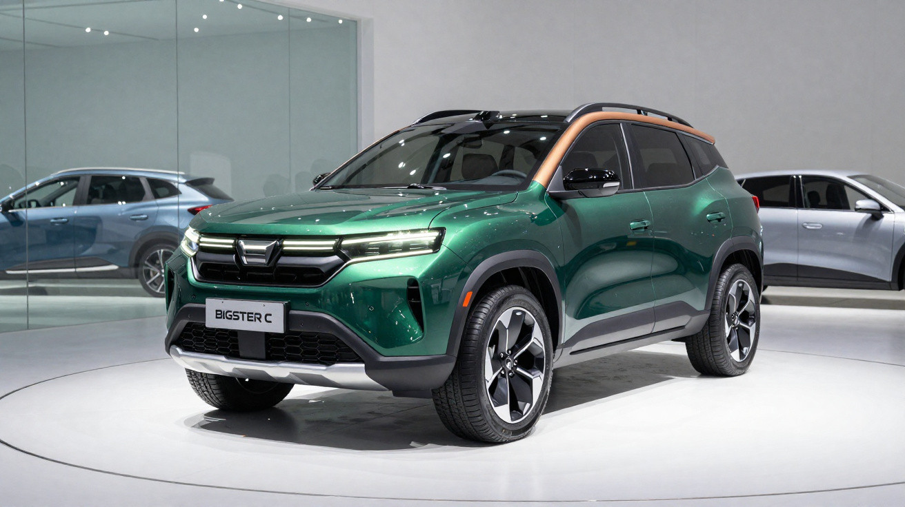 Carro SUV verde com tejadilho castanho em exposição em sala moderna com espelho e luzes brancas.