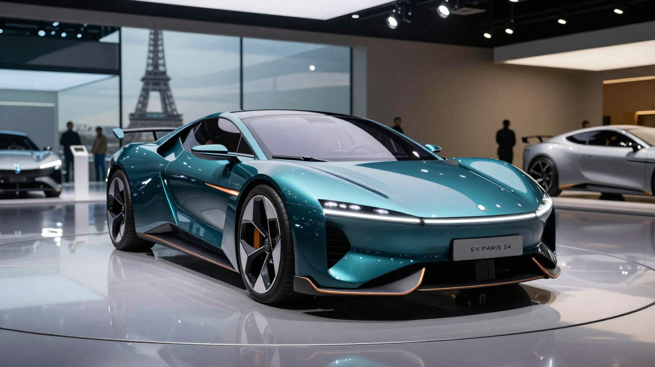 Carro desportivo elétrico azul metálico em exposição num salão automóvel, com a Torre Eiffel ao fundo.