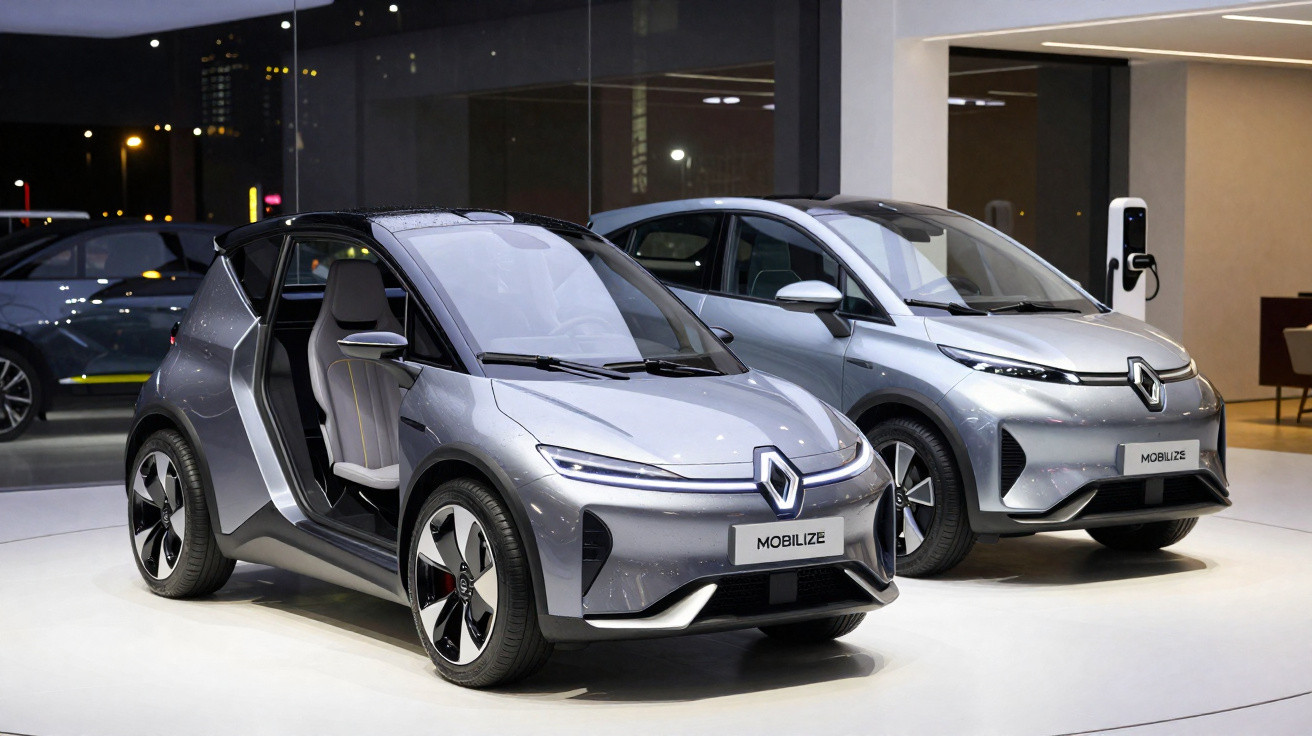 Dois carros elétricos Renault Mobilize prata expostos em salão automóvel, um com porta aberta.