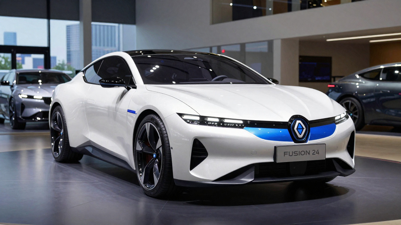 Carro elétrico branco futurista modelo Fusion 24 exposto num salão de automóveis moderno.