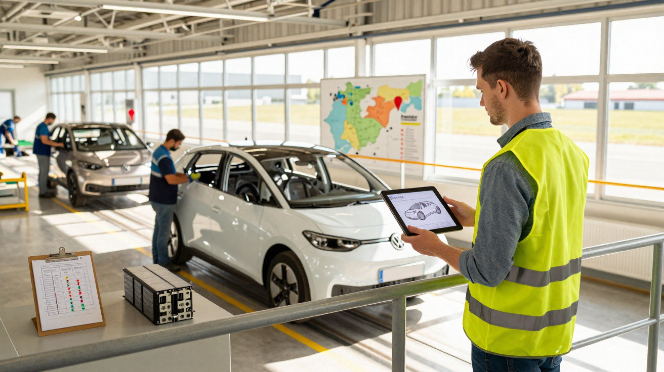 Homem com colete amarelo verifica dados num tablet enquanto técnicos inspecionam carros elétricos numa oficina moderna.