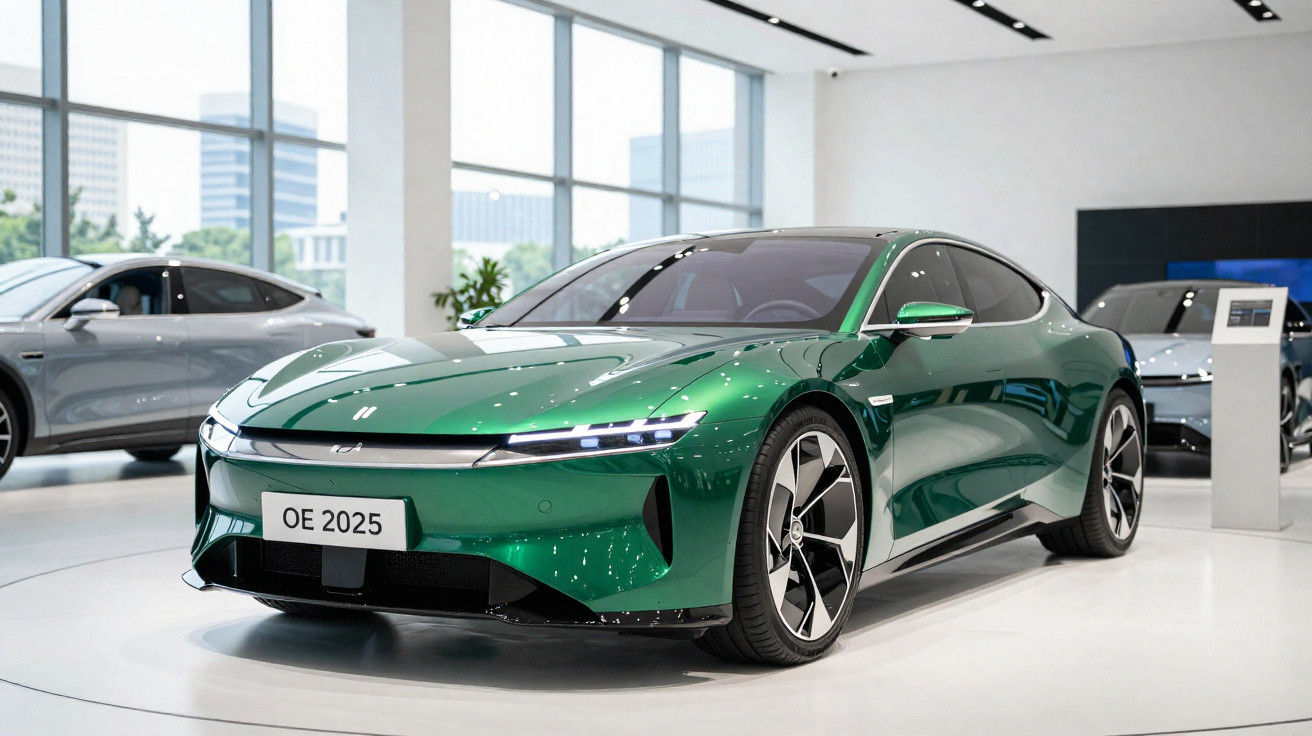 Carro elétrico desportivo verde exposto em salão moderno com janelas amplas e carros ao fundo.
