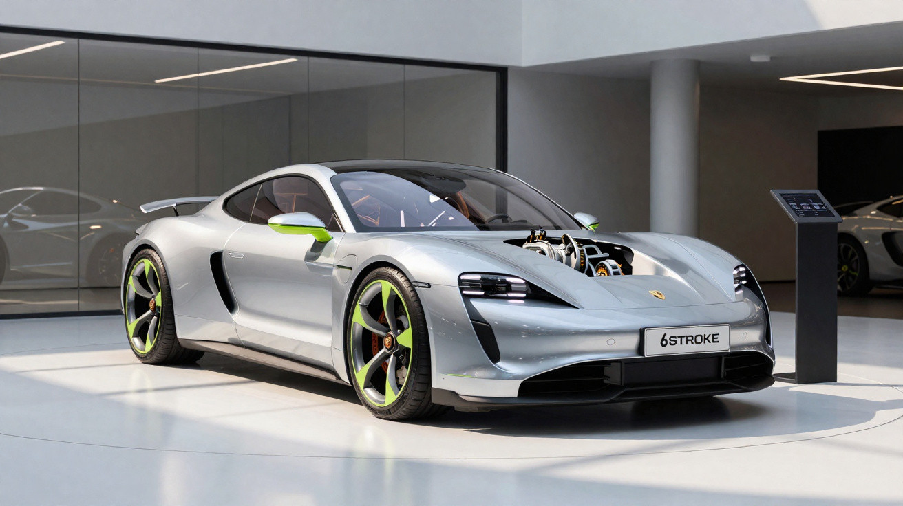 Carro desportivo elétrico Porsche Taycan cinzento com detalhes verdes exposto em showroom moderno.