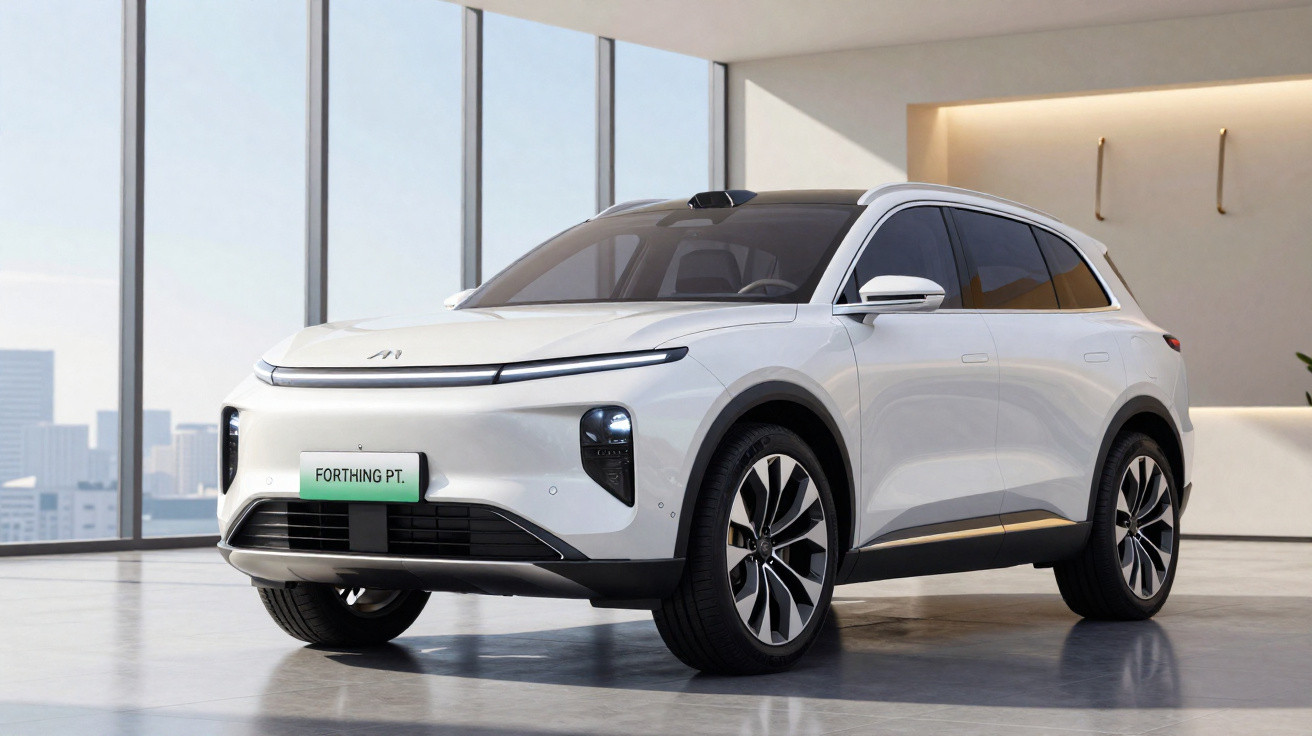 SUV elétrico moderno branco estacionado em interior com janelas amplas e luz natural.