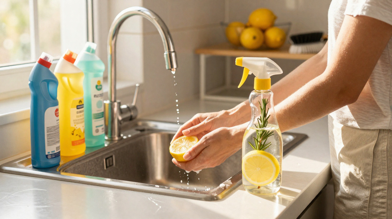 Pessoa espremendo limão com produtos de limpeza e borrifador na cozinha iluminada pelo sol.