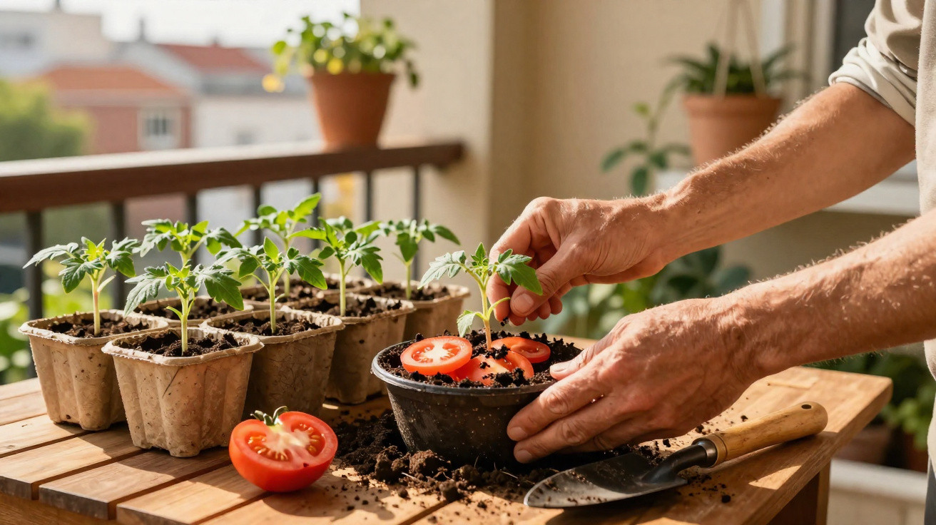 Pessoa a transplantar muda de tomate para vaso com terra sobre mesa de madeira num terraço.