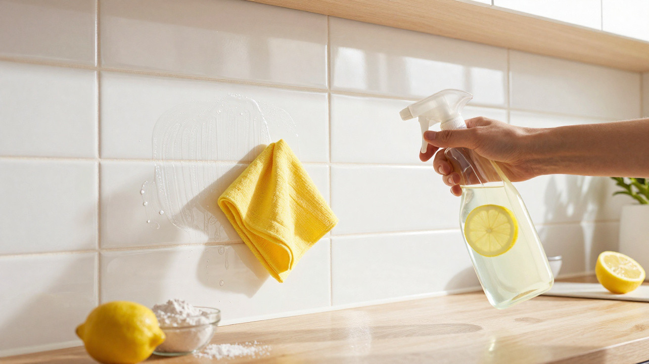 Pessoa a limpar azulejo branco com pano amarelo e spray de limpeza com fatia de limão na cozinha.