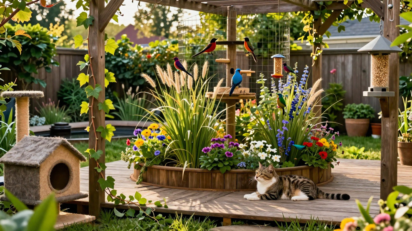 Gato deitado em relvado perto de jardim florido com várias aves coloridas e comedouros suspensos.