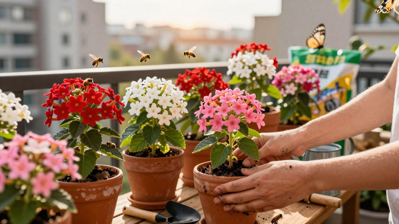 Mãos a plantar flores coloridas em vasos num terraço com abelha e borboleta ao pôr do sol.