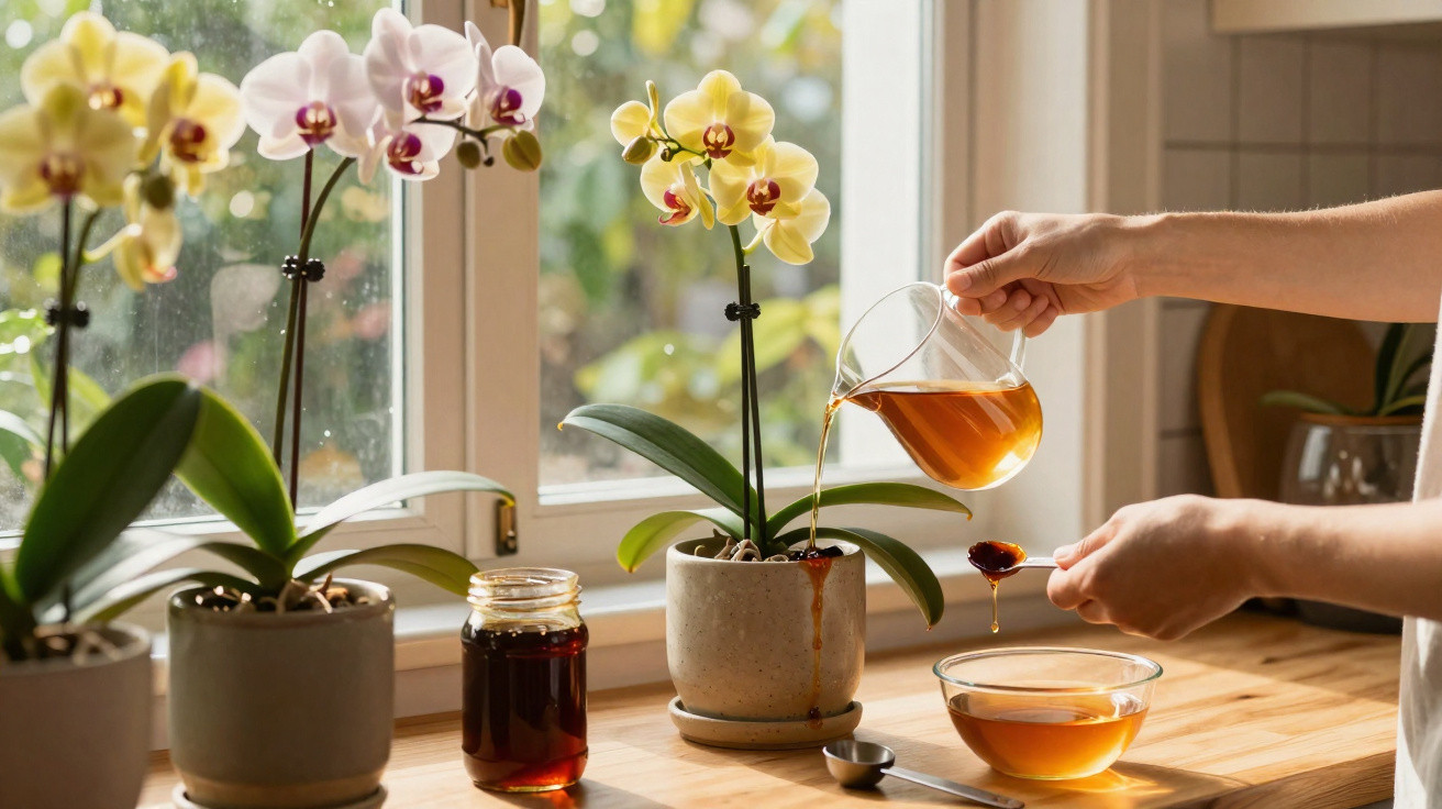 Pessoa a regar orquídea amarela junto a janela com jarros de vidro e outras orquídeas em vasos cinzentos.