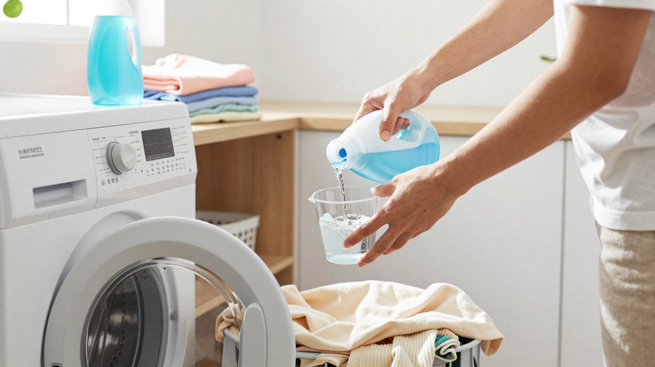Pessoa a despejar detergente líquido num medidor junto a máquina de lavar roupa com roupa branqueada.