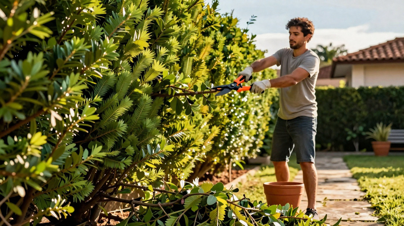 Homem a podar uma sebe verde com tesoura de poda num jardim ensolarado.