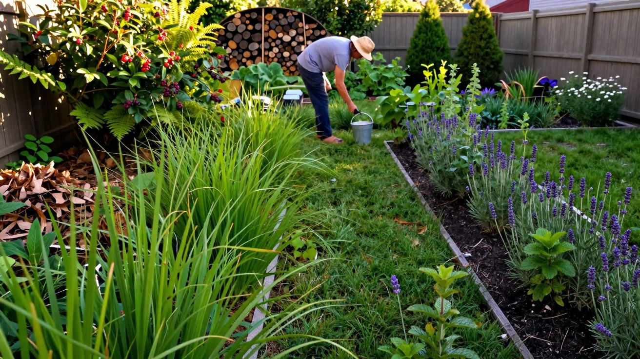 Pessoa a regar plantas num jardim bem cuidado com flores e relva verde, ao fim de tarde.