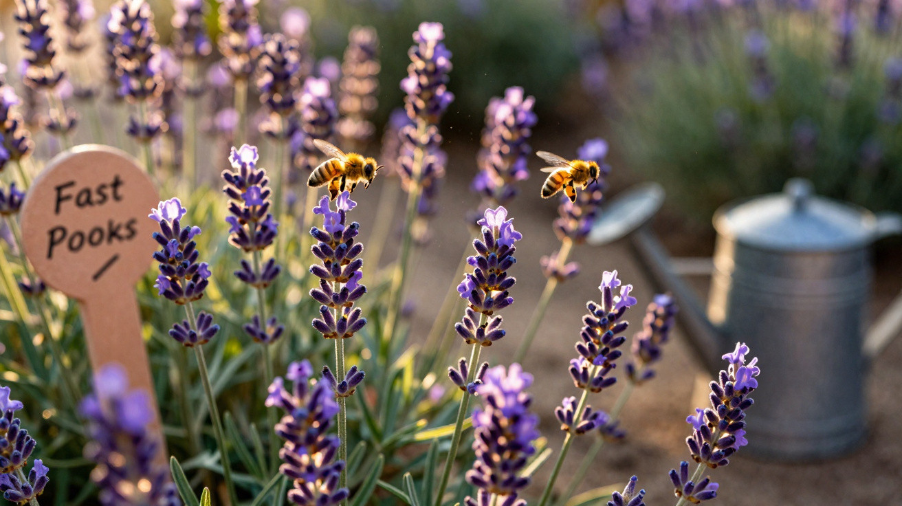 Flores de lavanda com duas abelhas a voar e regador metálico desfocado ao fundo.
