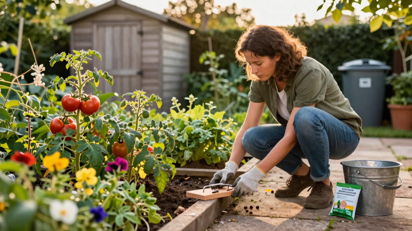 Mulher a cuidar de plantas num jardim, com tomates vermelhos e flores coloridas ao redor.
