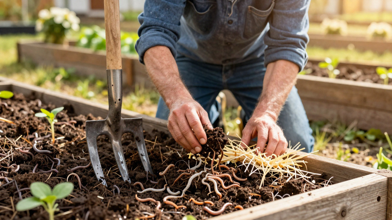 Pessoa a preparar a terra com minhocas e palha numa horta elevada ao ar livre.