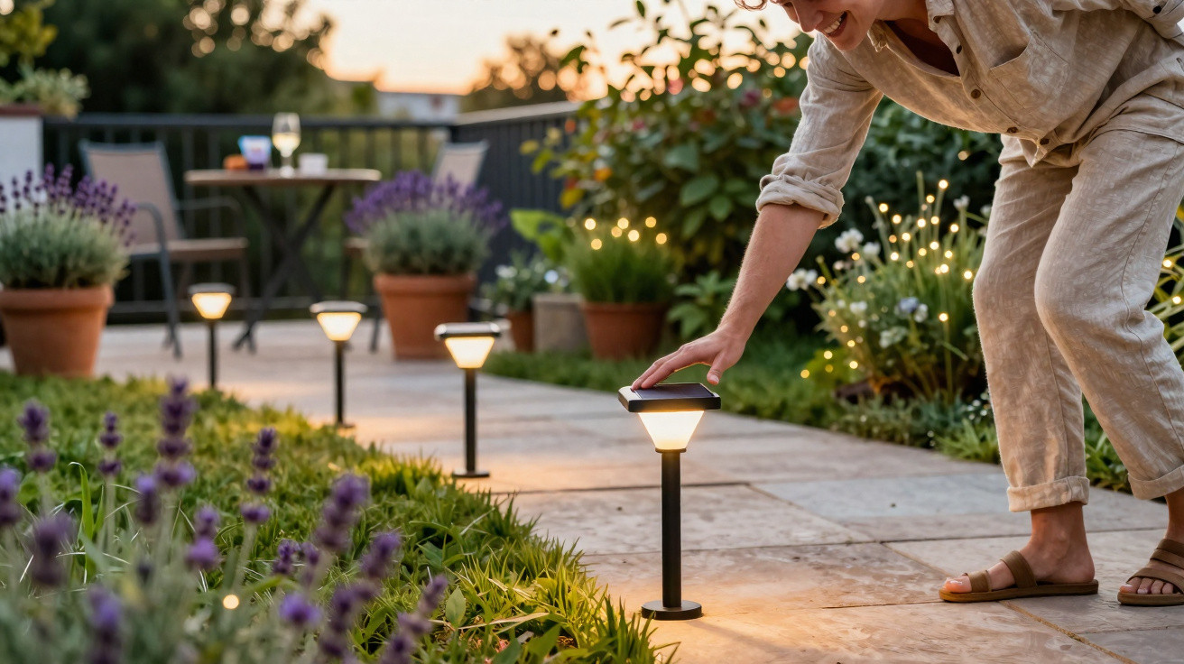 Pessoa a ajustar luz solar decorativa num caminho de pedra num jardim com flores e plantas em vasos.
