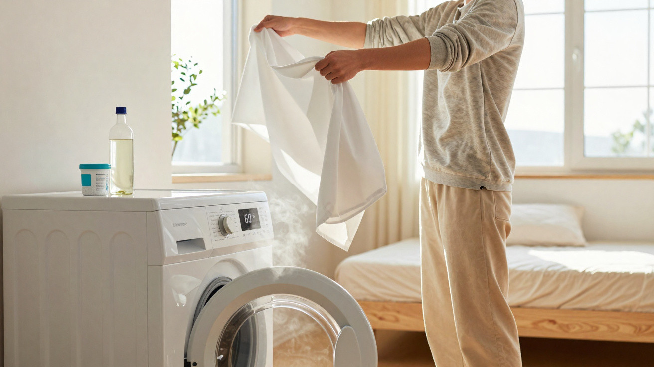 Pessoa a retirar roupa quente e a vapor de uma máquina de lavar branca numa divisão com cama e janela.