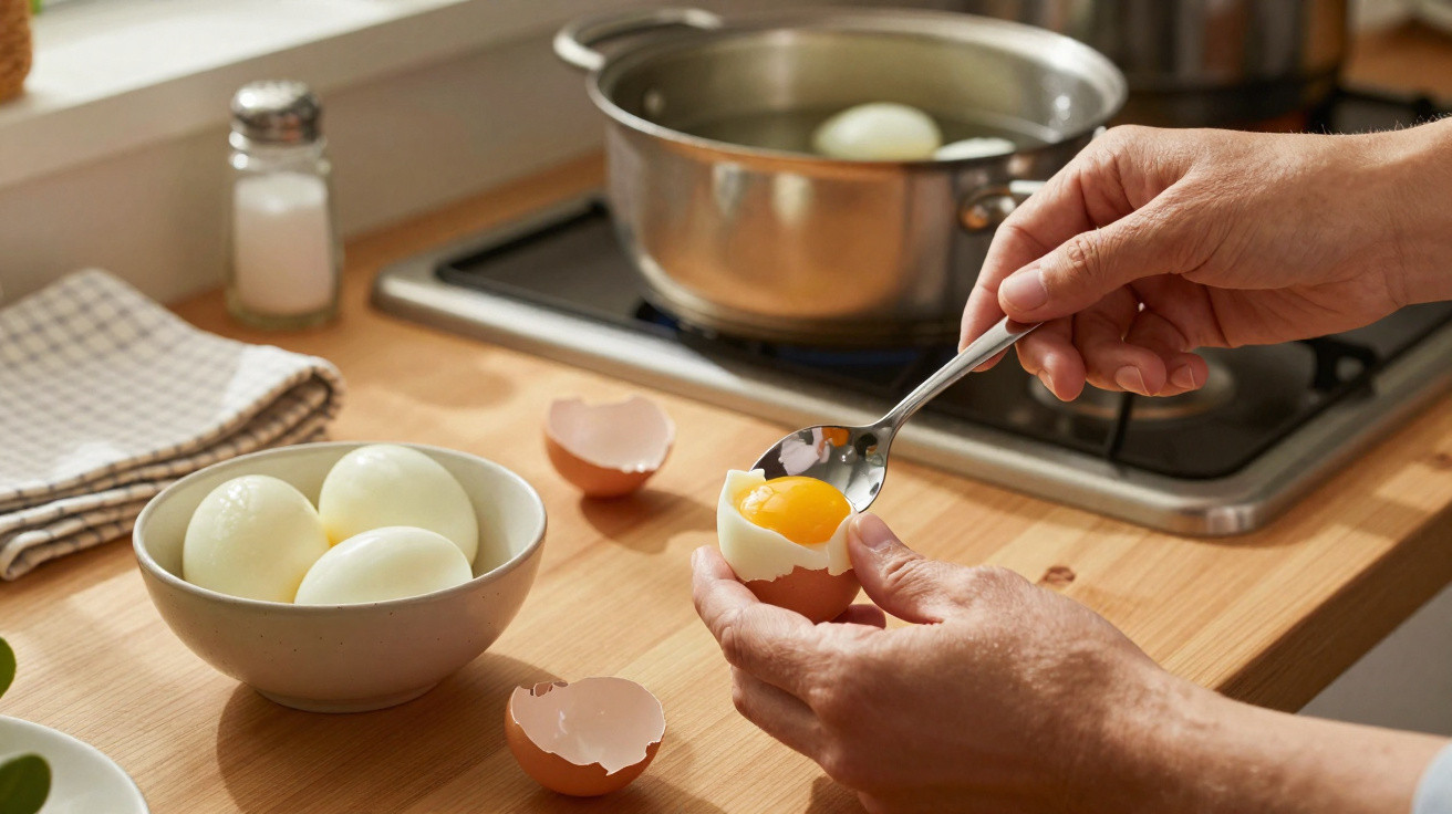 Mãos a abrir ovos cozidos com colher numa cozinha, com panelas e ovos descascados numa tigela ao lado.