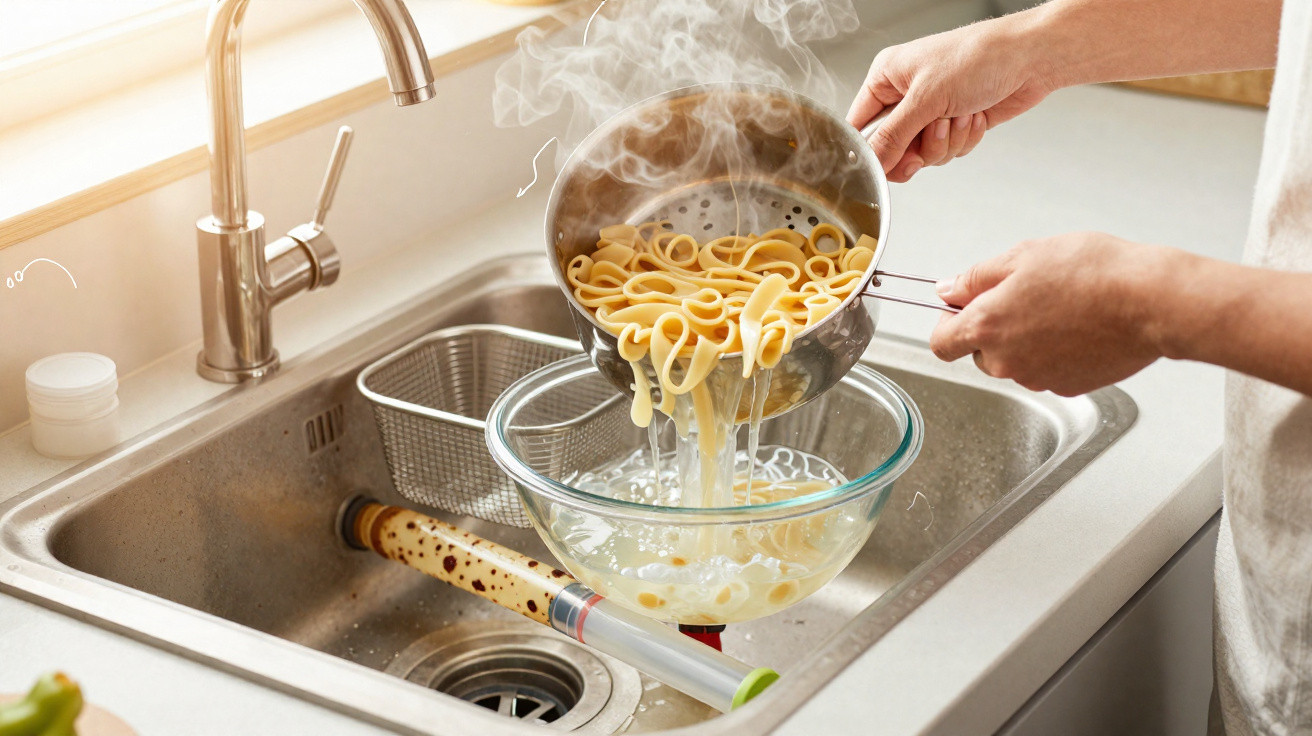 Pessoa a escorrer massa quente num passador sobre uma taça de vidro na cozinha.