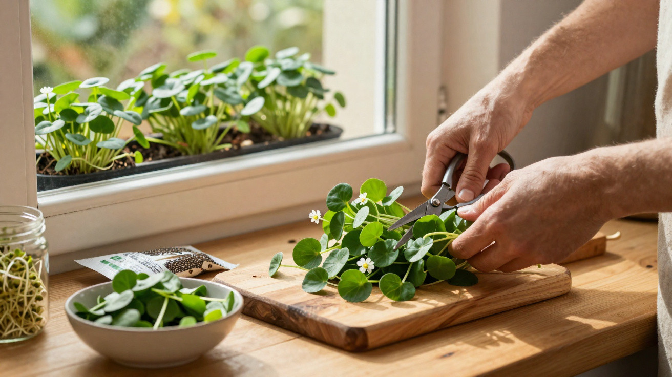 Mãos a cortar folhas verdes com flores brancas numa tábua de madeira junto a uma janela com plantas.