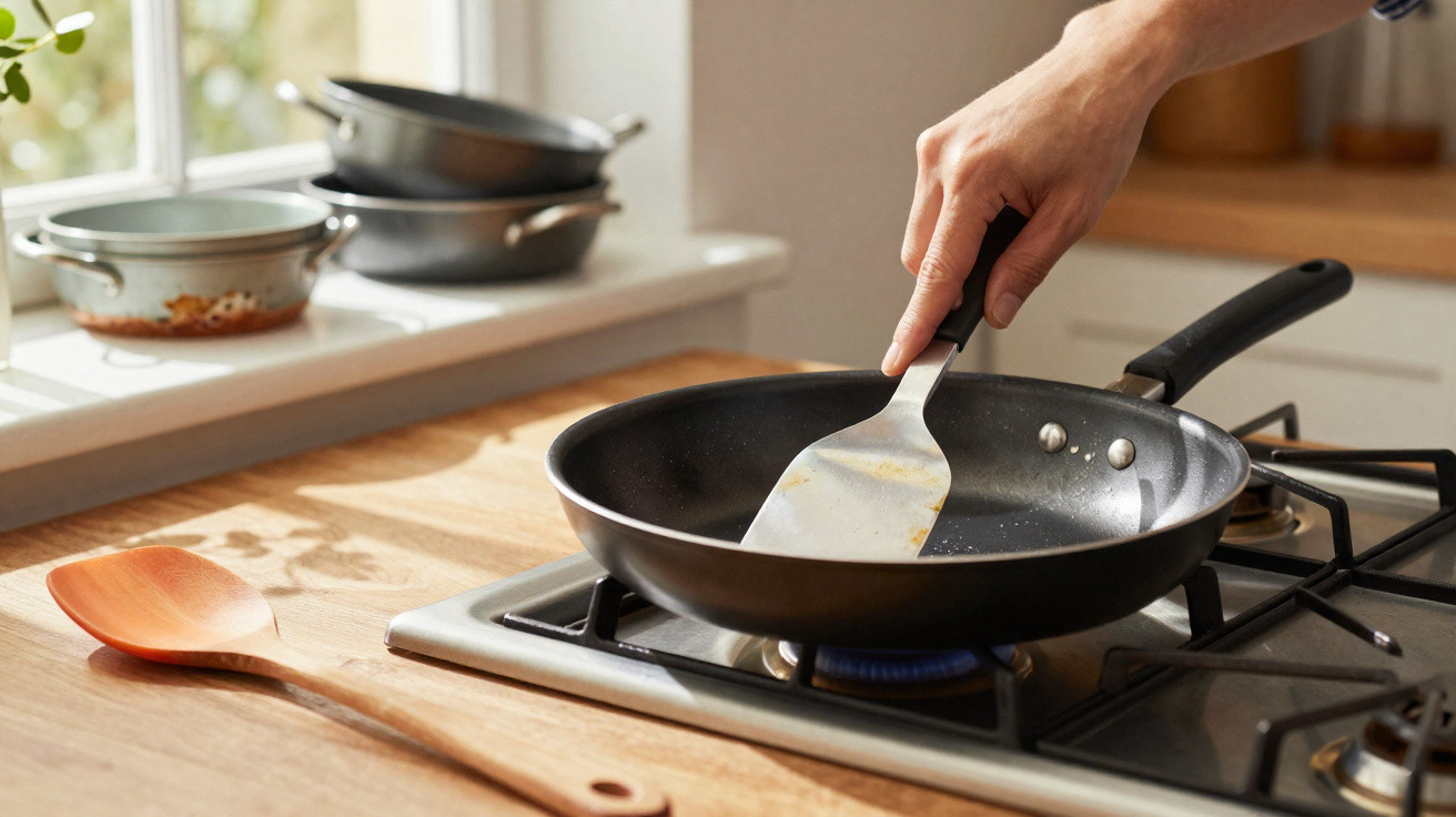 Pessoa a limpar frigideira preta com espátula metálica num fogão a gás numa cozinha iluminada.