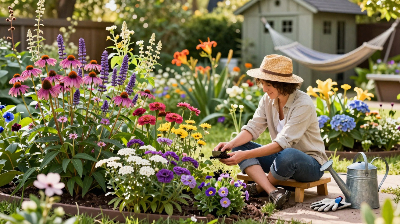Mulher com chapéu de palha a cuidar de flores coloridas num jardim com rede e casinha ao fundo.