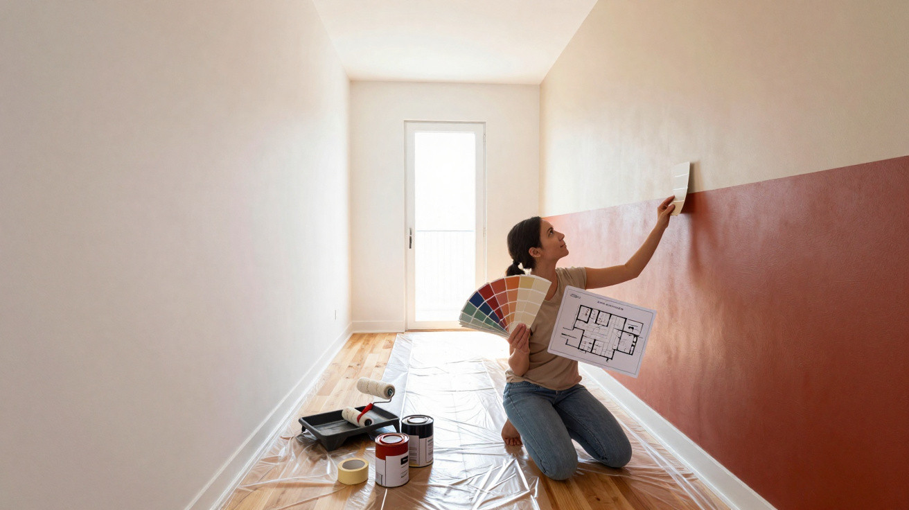 Mulher a pintar parede de sala com amostras de cor, planta e materiais de pintura no chão.