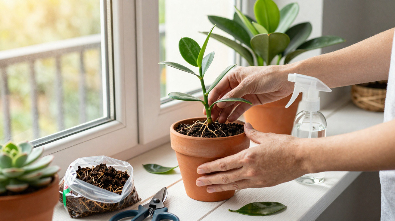 Mãos a cuidar de planta em vaso de barro numa janela, com ferramentas e pulverizador ao lado.