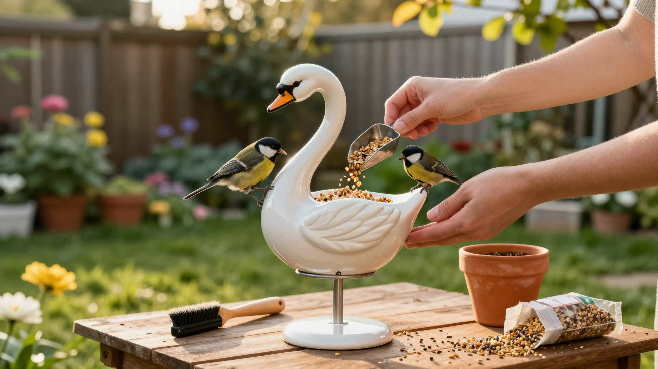 Alimentador de pássaros em forma de cisne com sementes, com dois pássaros a comer no jardim.