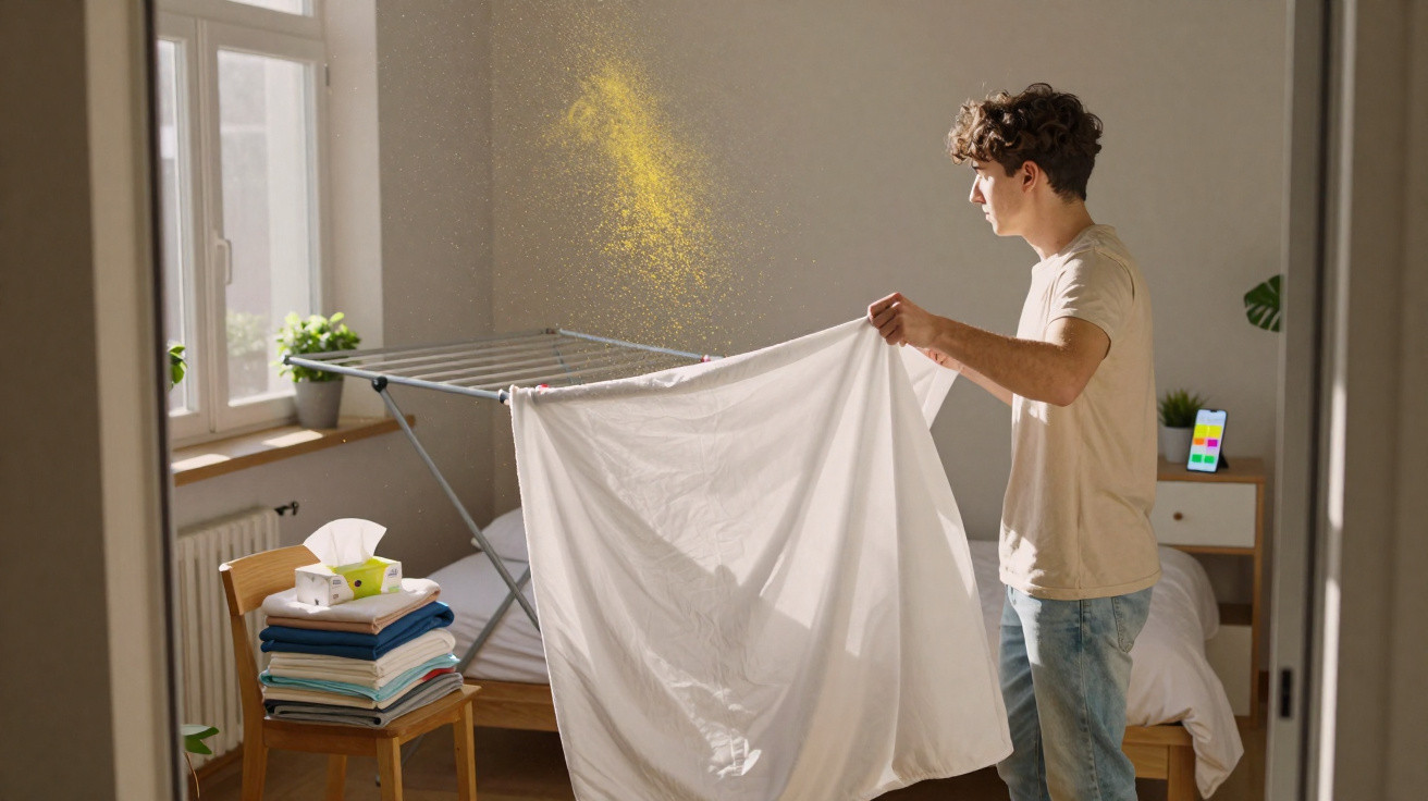 Rapaz a sacudir um lençol branco, com partículas amarelas visíveis no ar, num quarto iluminado com roupa seca.