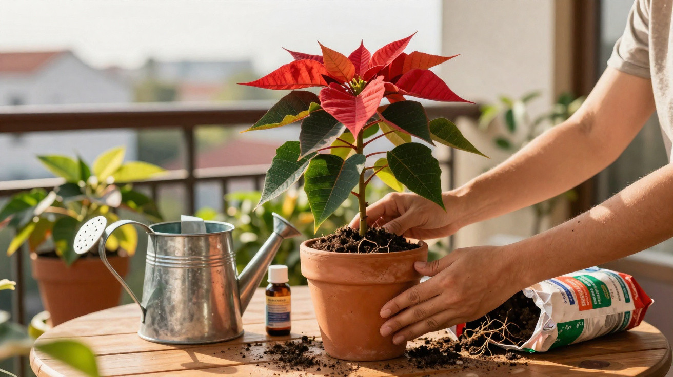 Mãos a plantar uma flor vermelha num vaso de barro com regador e terra numa mesa ao ar livre.