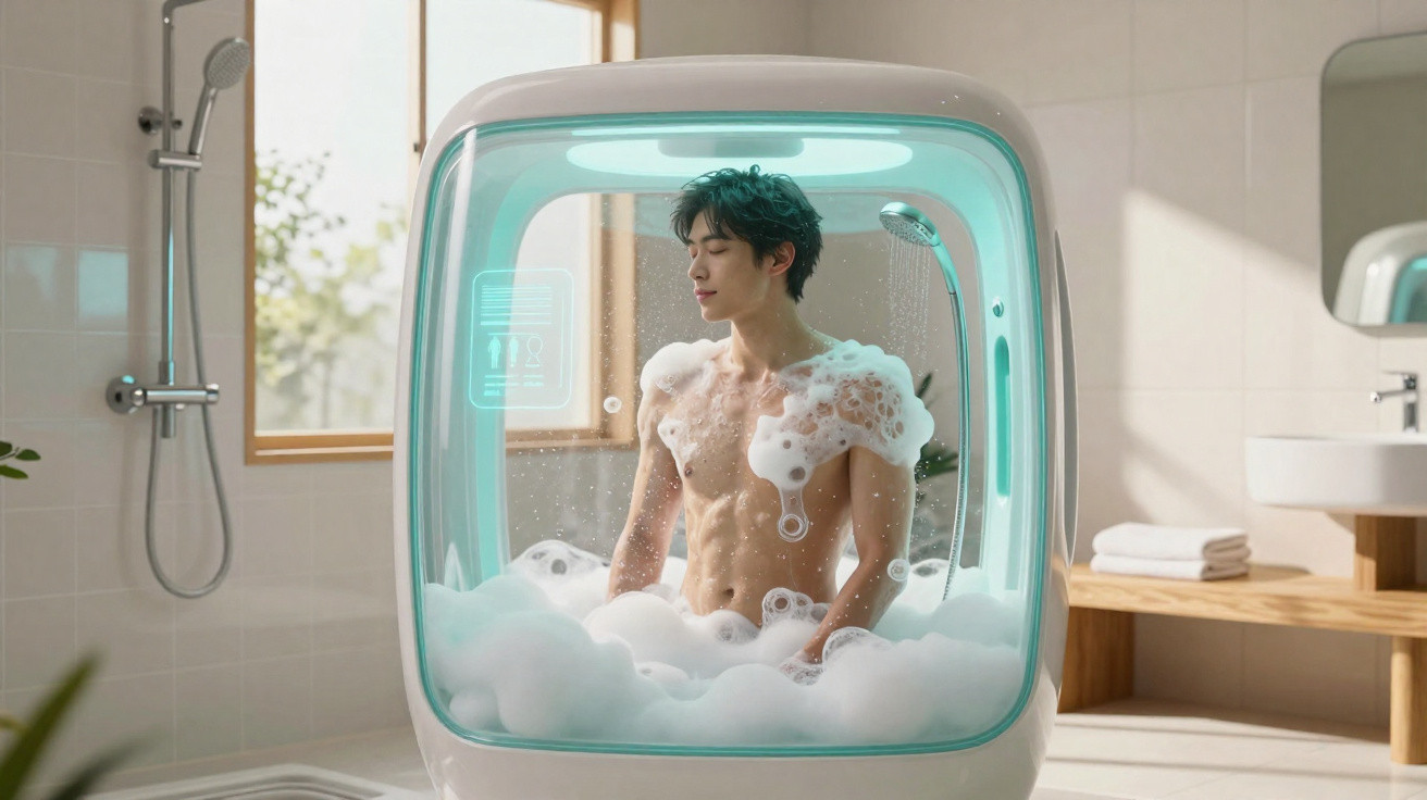 Homem dentro de banheira futurista com espuma de sabão num ambiente de casa de banho moderno e iluminado.