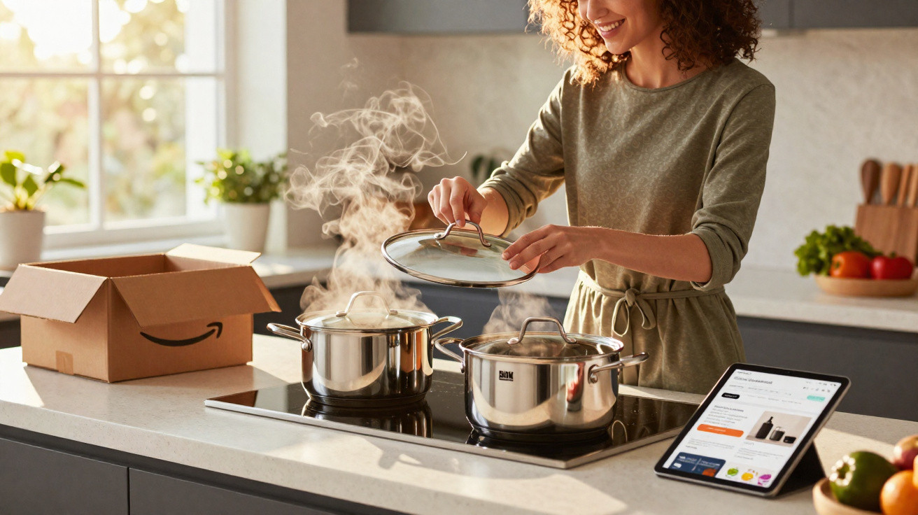Mulher a cozinhar com duas panelas a ferver num fogão elétrico numa cozinha moderna e luminosa.