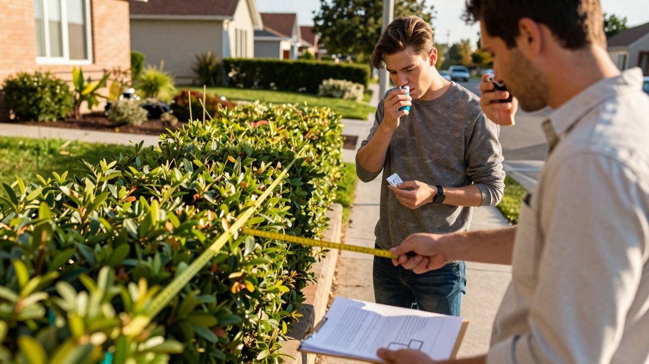 Dois homens medem manchas de plantas na calçada enquanto um utiliza um inalador.