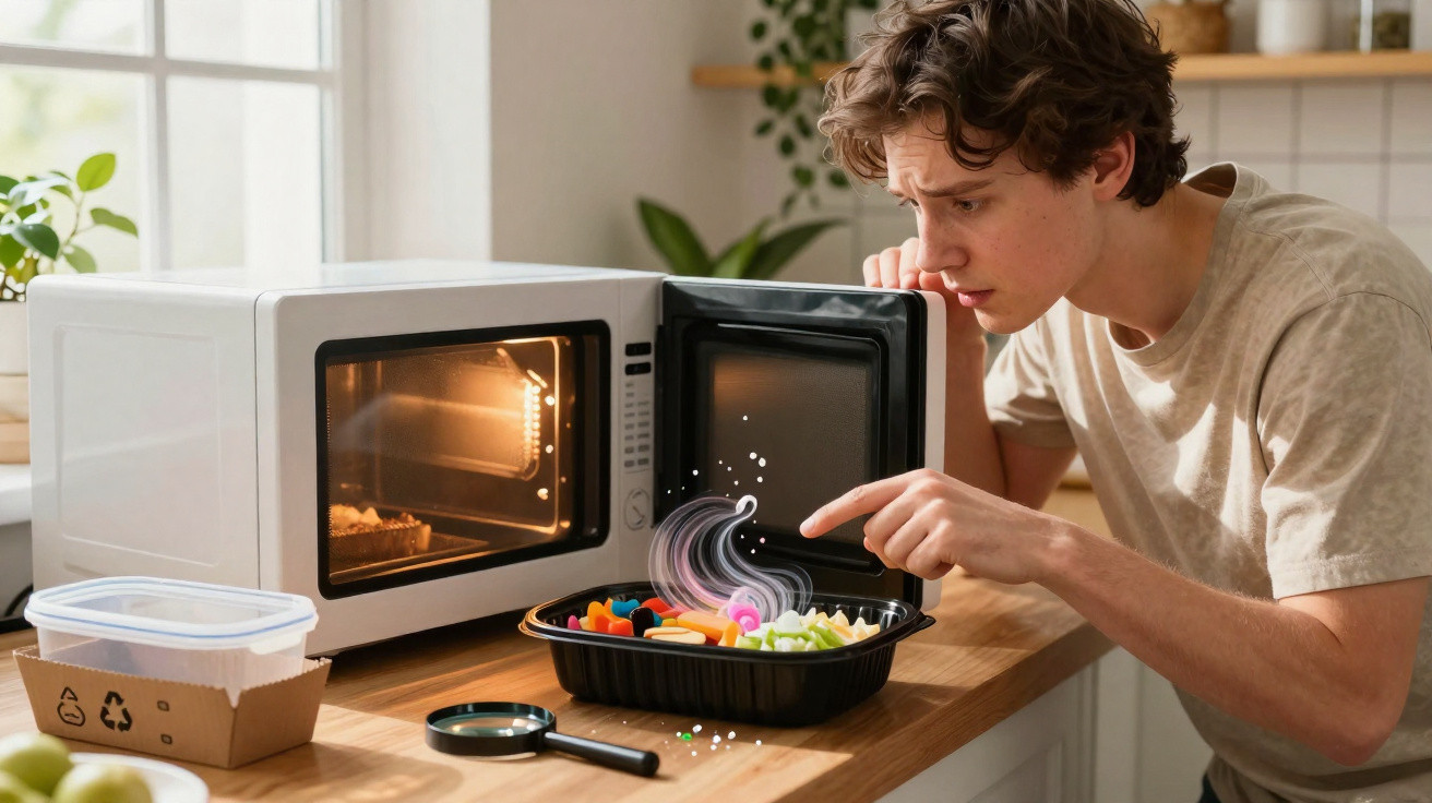 Homem curioso observa vapor saindo de refeição colorida num recipiente plástico perto do micro-ondas aberto.