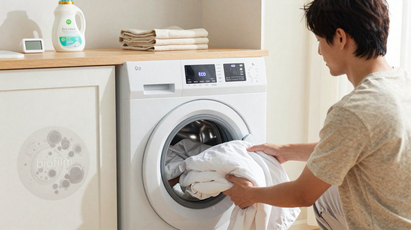 Pessoa a colocar roupa branca numa máquina de lavar roupa branca numa divisão clara.