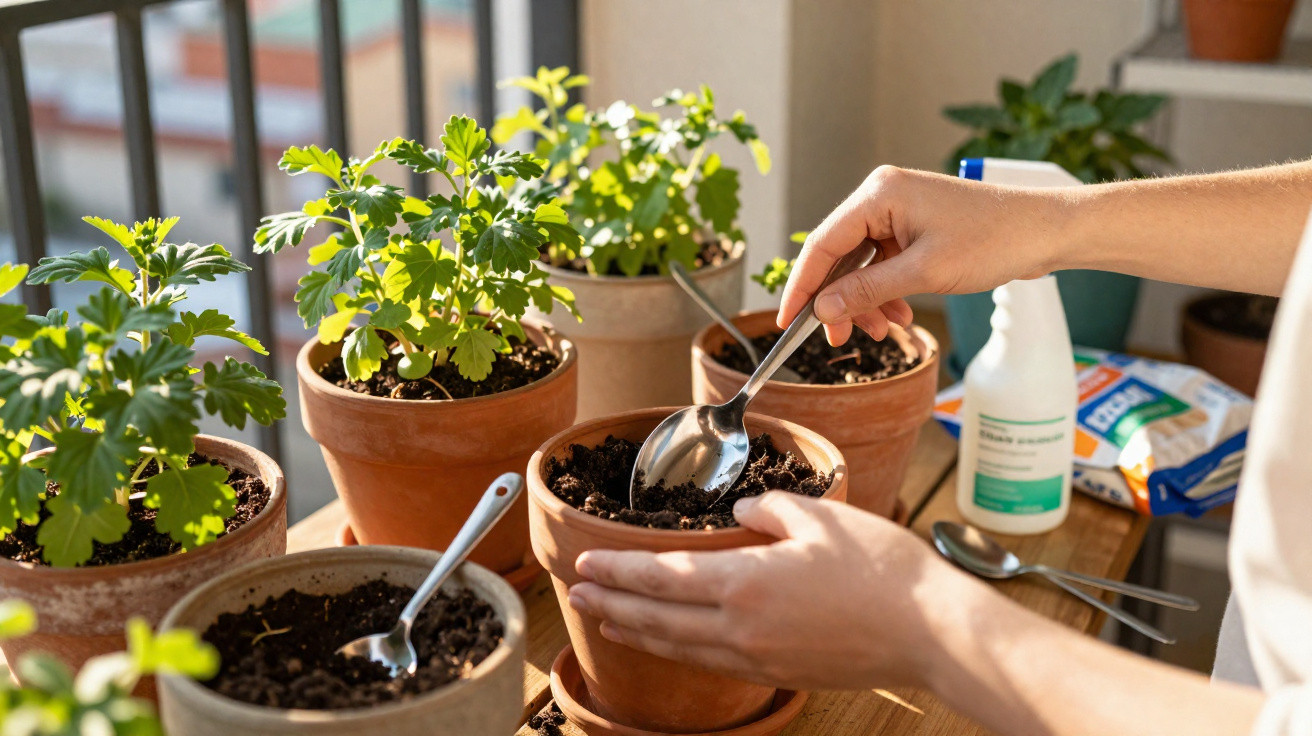 Mãos a plantar mudas em vasos de barro com terra num ambiente iluminado por luz natural.