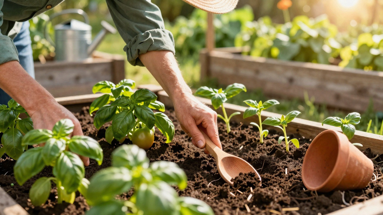 Pessoa a cuidar de plantas num jardim, usando uma colher de madeira para mexer a terra.