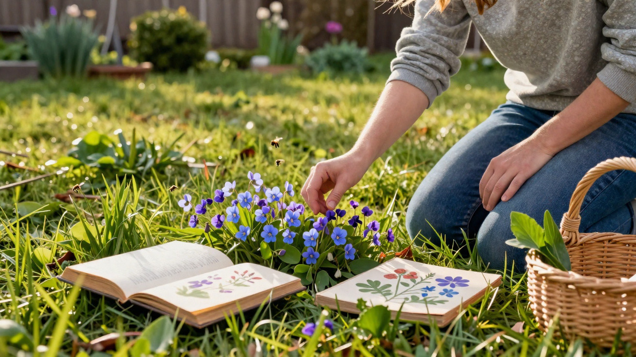Pessoa a apanhar flores roxas num jardim, com cadernos de ilustrações botânicas e cesta ao lado.