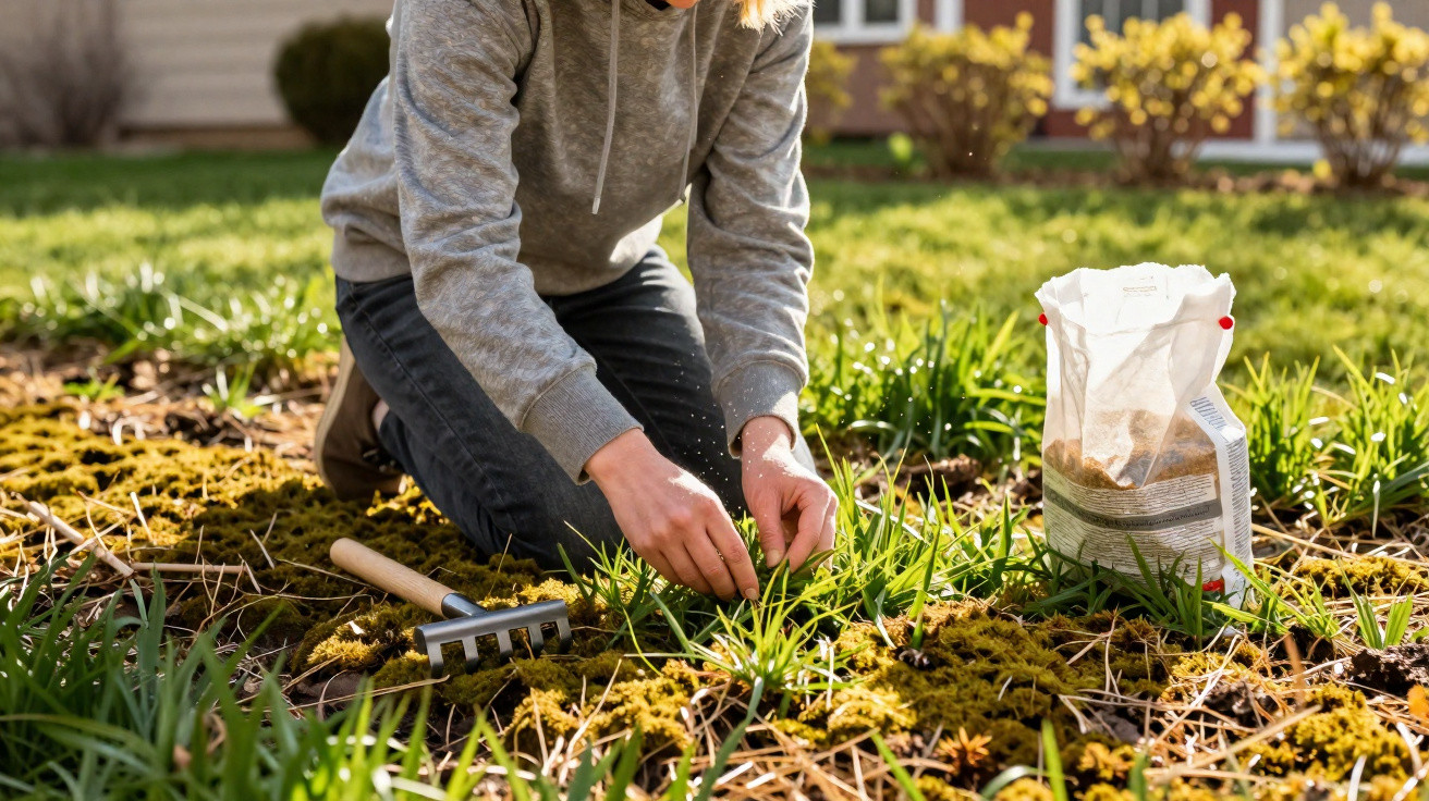 Pessoa ajoelhada a cuidar de plantas num jardim com uma pequena ancinho ao lado.