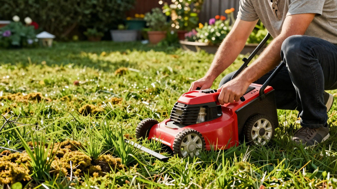 Homem a empurrar corta-relva vermelho num jardim com relva alta e plantas.