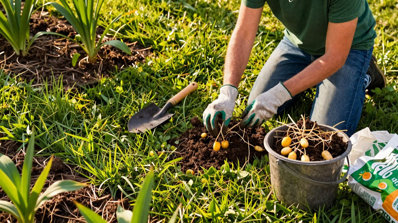 Pessoa a colher pequenas batatas numa horta com luvas e utensílio de jardinagem próximo.