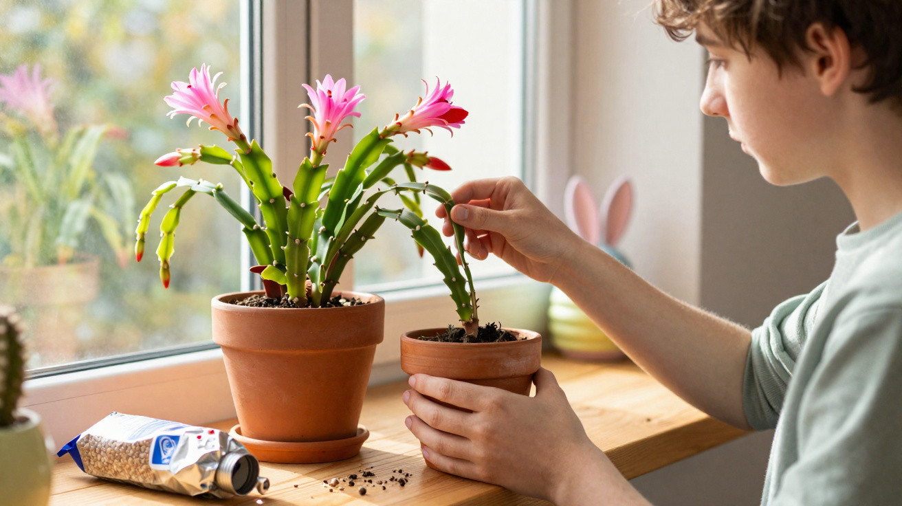 Rapaz a cuidar de plantas em vasos de barro junto a uma janela iluminada com flores cor-de-rosa.