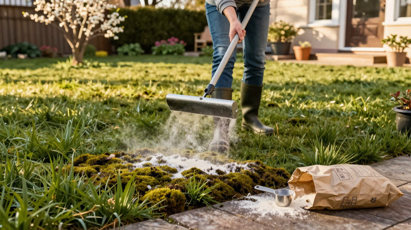 Pessoa a espalhar cal agrícola num jardim com relva e plantas, usando botas verdes e calças azuis.