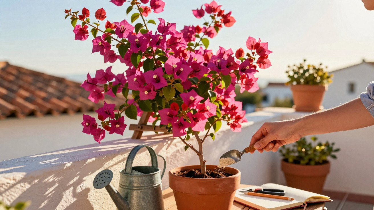 Pessoa a cuidar de planta com flores cor-de-rosa num vaso, junto a regador e caderno numa varanda ao sol.