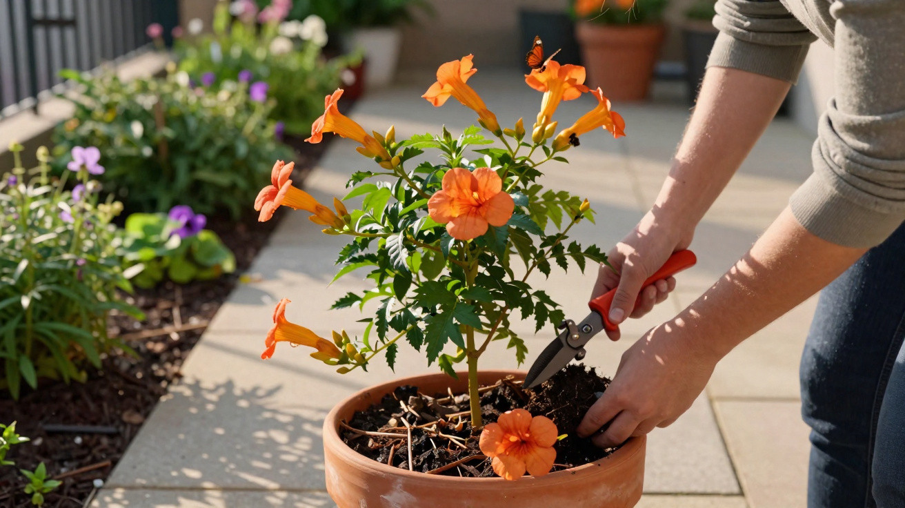 Pessoa a podar planta com flores laranjas num vaso de barro num jardim ensolarado.